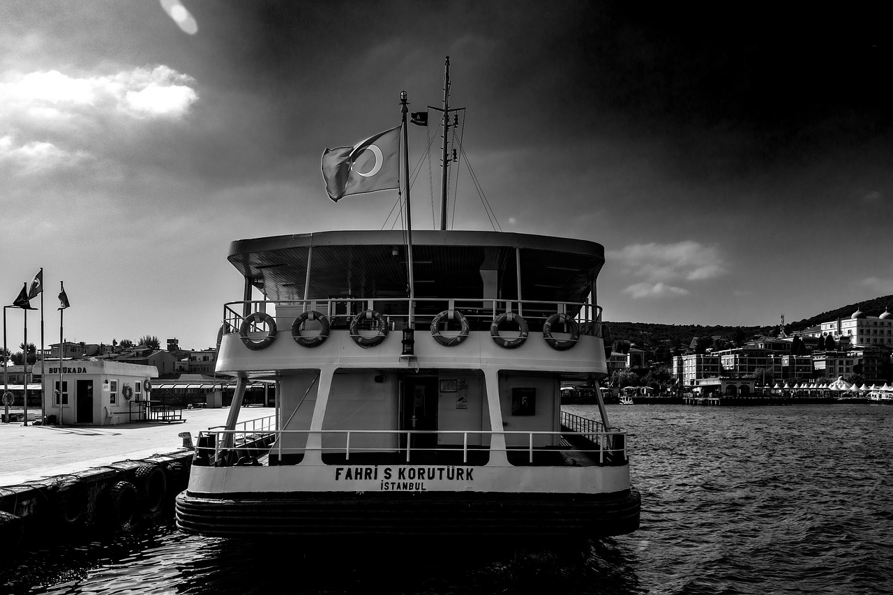 터키 이스탄불 부유카다 항구에 정박해 있는 커다란 페리의 뒷모습을 담은 흑백 사진입니다.